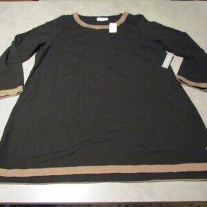 CJ Banks Tunic Shirt Womens 2X Black Tan Trim Long Sleeve NWT
